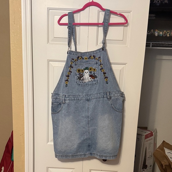 Hot Topic Denim - Denim plus size Overall Dress with Embroidered Ghost Design